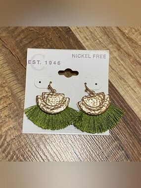 Trendy Dangle Boho Tassel Punched Metal Sage Green & Gold Earrings NWT
